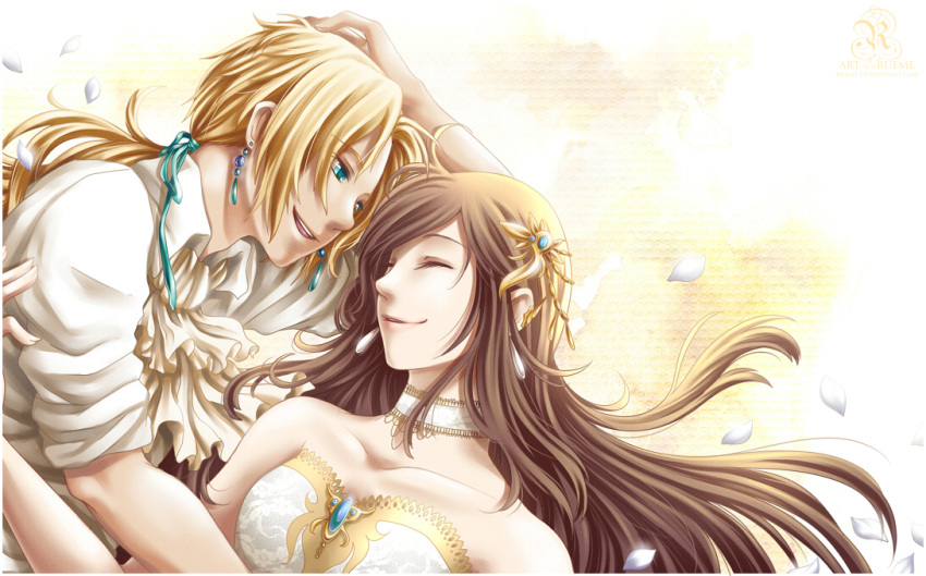 1boy 1girl blonde_hair brown_hair closed_eyes couple dress elbow_gloves final_fantasy final_fantasy_ix garnet_til_alexandros_xvii gloves hetero long_hair open_mouth rueme wedding_dress zidane_tribal