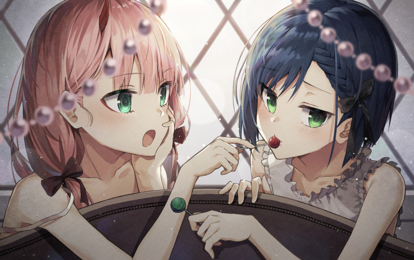 2girls :d alternate_hairstyle backlighting bangs bare_arms bare_shoulders black_bow blue_hair blunt_bangs blush bow braid candy closed_mouth collarbone couch darling_in_the_franxx eyebrows_visible_through_hair feeding food french_braid frilled_shirt frills green_eyes hair_bow hand_on_own_cheek holding holding_food horns huwali_(dnwls3010) ichigo_(darling_in_the_franxx) lollipop long_hair looking_away looking_to_the_side low_twintails multiple_girls no_hairband on_couch open_mouth pearl shirt short_hair sleeveless sleeveless_shirt smile tsurime twintails upper_body white_shirt yuri zero_two_(darling_in_the_franxx)