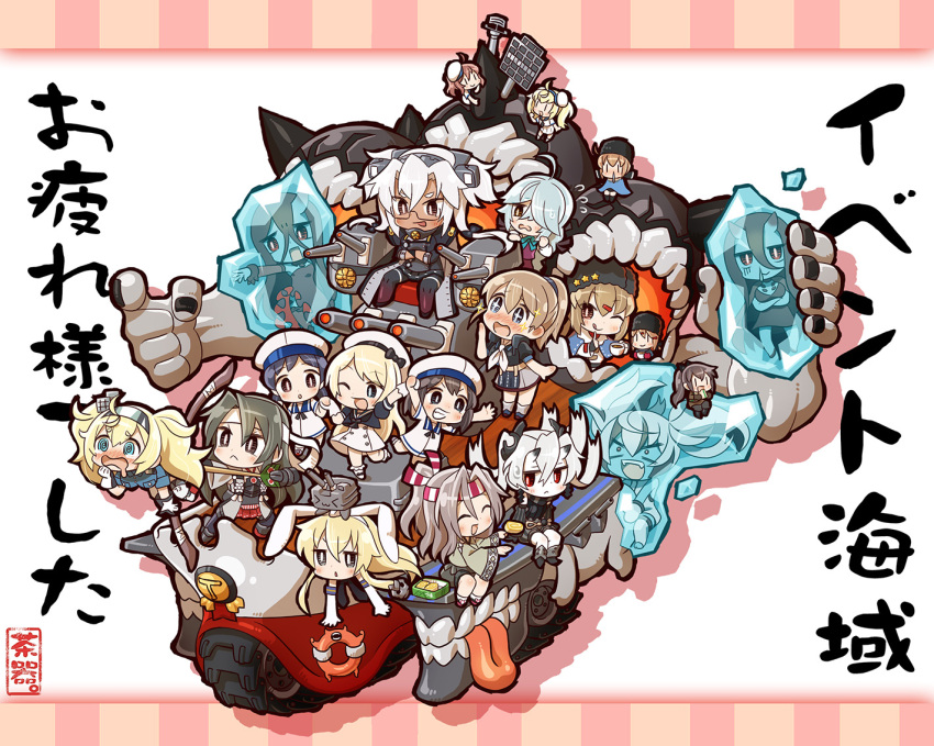 +_+ 6+girls :&lt; :d @_@ ^_^ ^o^ ahoge battleship_hime battleship_water_oni black_hair black_hat blonde_hair blue_eyes blue_sailor_collar blush breast_pocket brown_eyes brown_hair chaki_(teasets) closed_eyes daitou_(kantai_collection) dress elbow_gloves escort_water_hime fairy_(kantai_collection) food gambier_bay_(kantai_collection) glasses gloves grey_hair grin hachimaki hair_between_eyes hair_over_one_eye hamanami_(kantai_collection) hat headband hiburi_(kantai_collection) high_ponytail holding horn horns intrepid_(kantai_collection) jervis_(kantai_collection) kantai_collection light_brown_hair long_hair machinery multicolored multicolored_clothes multicolored_gloves multiple_girls musashi_(kantai_collection) one_eye_closed open_mouth pocket ponytail red_eyes remodel_(kantai_collection) rensouhou-chan sailor_collar sailor_dress sailor_hat shimakaze_(kantai_collection) shinkaisei-kan short_hair short_sleeves silver_hair sleeveless smile tashkent_(kantai_collection) tongue tongue_out turret twintails v-shaped_eyebrows white_gloves white_hair white_hat white_headband zuihou_(kantai_collection) zuikaku_(kantai_collection)