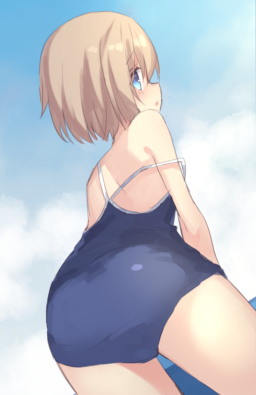 1girl ass blanc blancpig_yryr blue_eyes brown_hair eyebrows_visible_through_hair from_behind highres looking_back neptune_(series) school_swimsuit short_hair solo swimsuit
