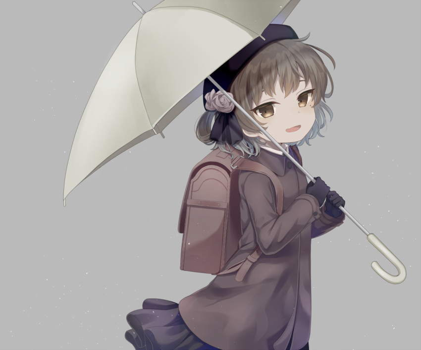 1girl :d backpack bag black_gloves black_hat black_skirt brown_eyes brown_hair brown_jacket commentary_request fang flower gloves grey_background hair_rings hands_up hat hatoba_tsugu hatoba_tsugu_(character) head_tilt holding holding_umbrella jacket komachi_pochi long_sleeves looking_at_viewer looking_to_the_side navel open_mouth pleated_skirt rose skirt smile solo umbrella virtual_youtuber white_flower white_rose white_umbrella