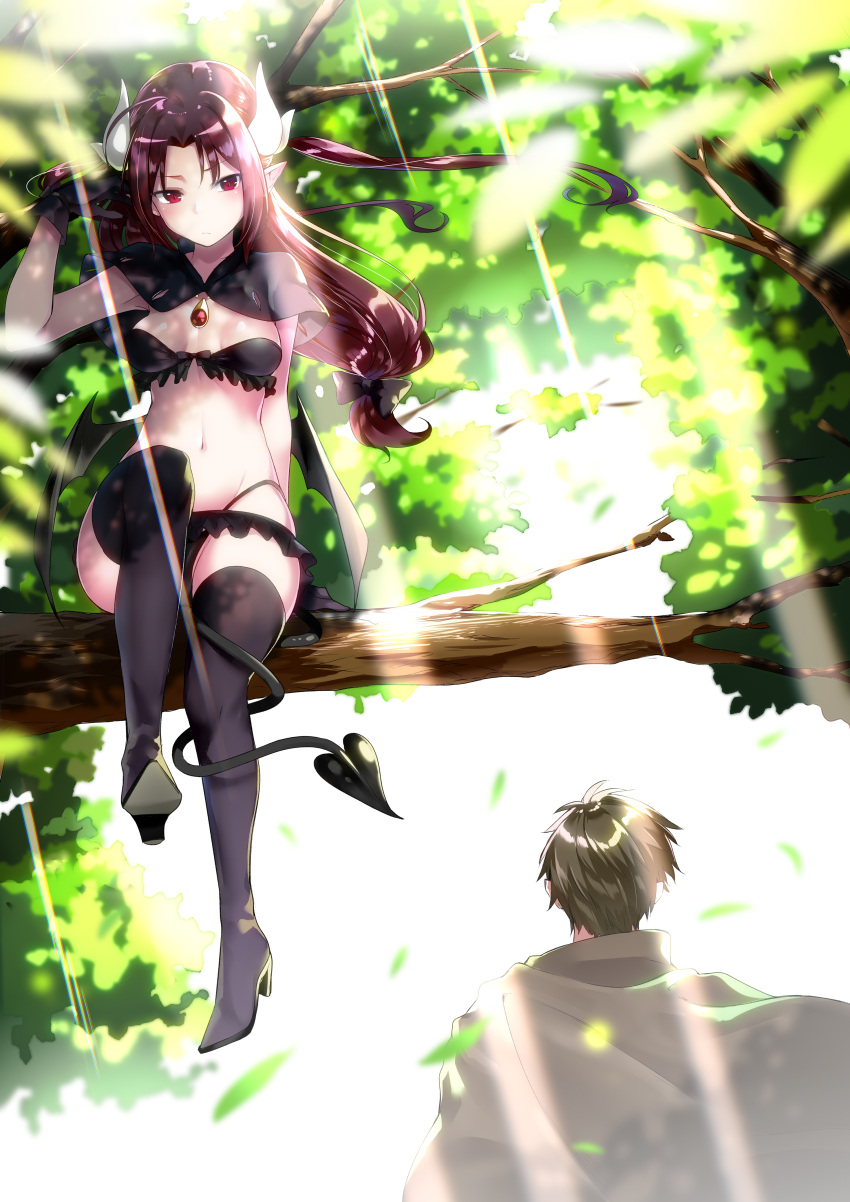 1boy 1girl absurdres bangs black_bow black_bra black_footwear black_gloves black_legwear black_panties blurry blush boots bow bra breasts brown_hair capelet closed_mouth day demon_girl demon_horns demon_tail depth_of_field gloves hair_bow hand_up high_heels highres horns light_rays long_hair low-tied_long_hair navel nishimi_shin original outdoors panties parted_bangs pointy_ears purple_hair sidelocks sitting small_breasts sunbeam sunlight tail thigh-highs thigh_boots tree tsundere underwear violet_eyes