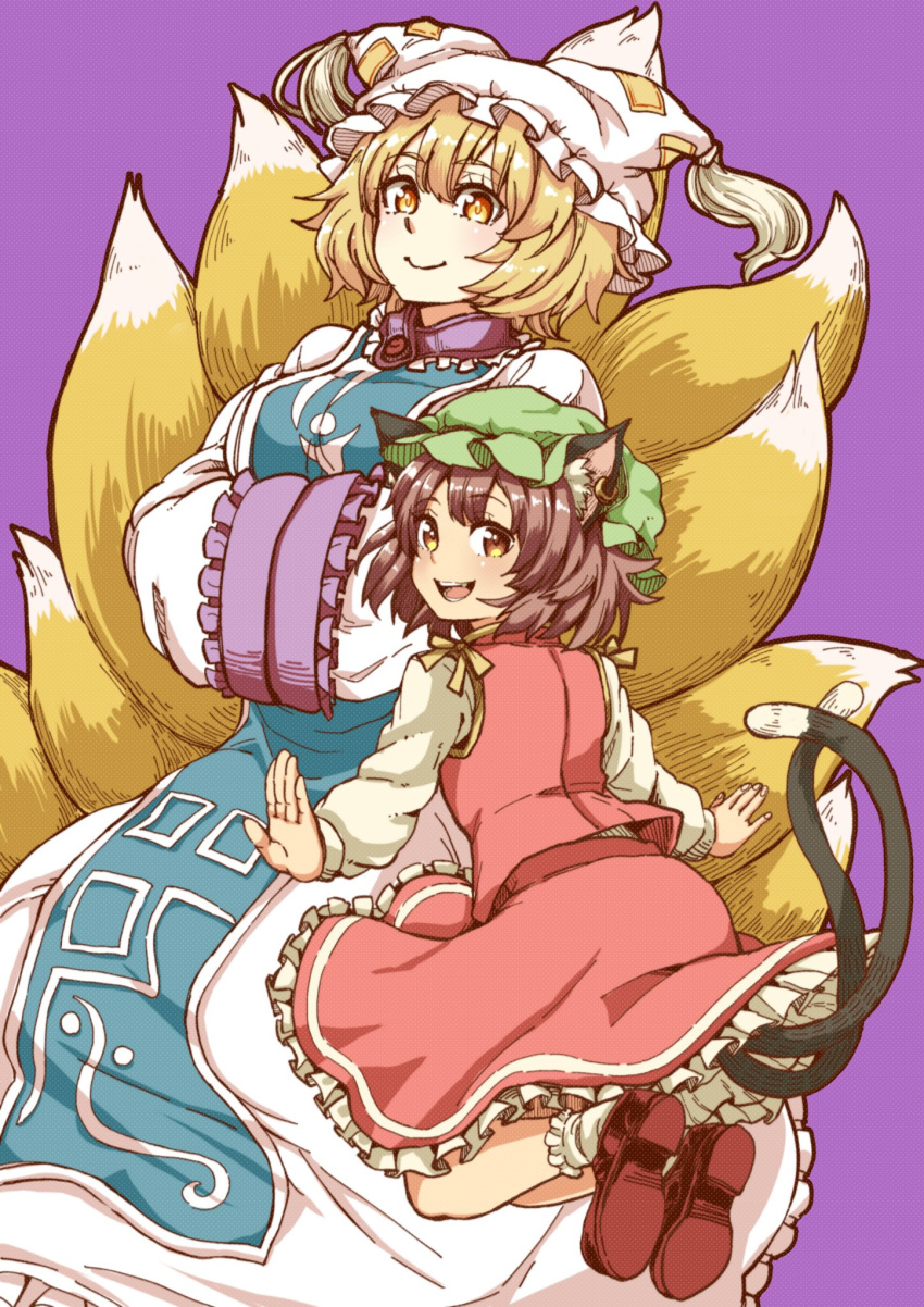 2girls :d animal_ears bent_knees blonde_hair breasts brooch brown_hair cat_ears cat_tail chen closed_mouth commentary_request dress earrings eyebrows_visible_through_hair eyelashes fox_tail frilled_skirt frills full_body gradient_eyes hands_together hat highres jewelry kyuubi large_breasts light_blush long_sleeves looking_at_viewer midair mob_cap multicolored multicolored_eyes multiple_girls multiple_tails natsushiro open_hands open_mouth petticoat pillow_hat purple_background red_footwear red_skirt red_vest shirt shoes short_hair simple_background sitting skirt smile tabard tail tassel teeth texture thick_eyebrows tongue touhou turtleneck two_tails vest white_dress white_shirt wide_sleeves yakumo_ran yellow_eyes