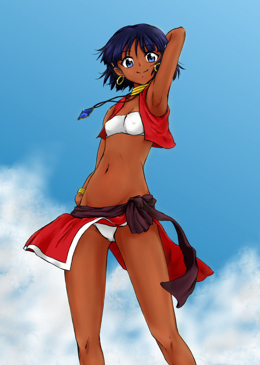 1girl arm_behind_head armpits blue_eyes bob_cut bracelet clouds dark_skin earrings from_below fushigi_no_umi_no_nadia highres hoop_earrings jewelry light_smile loincloth midriff nadia neck_ring necklace panties pantyshot purple_hair ru_pickman short_hair solo strapless tubetop underwear vest wind