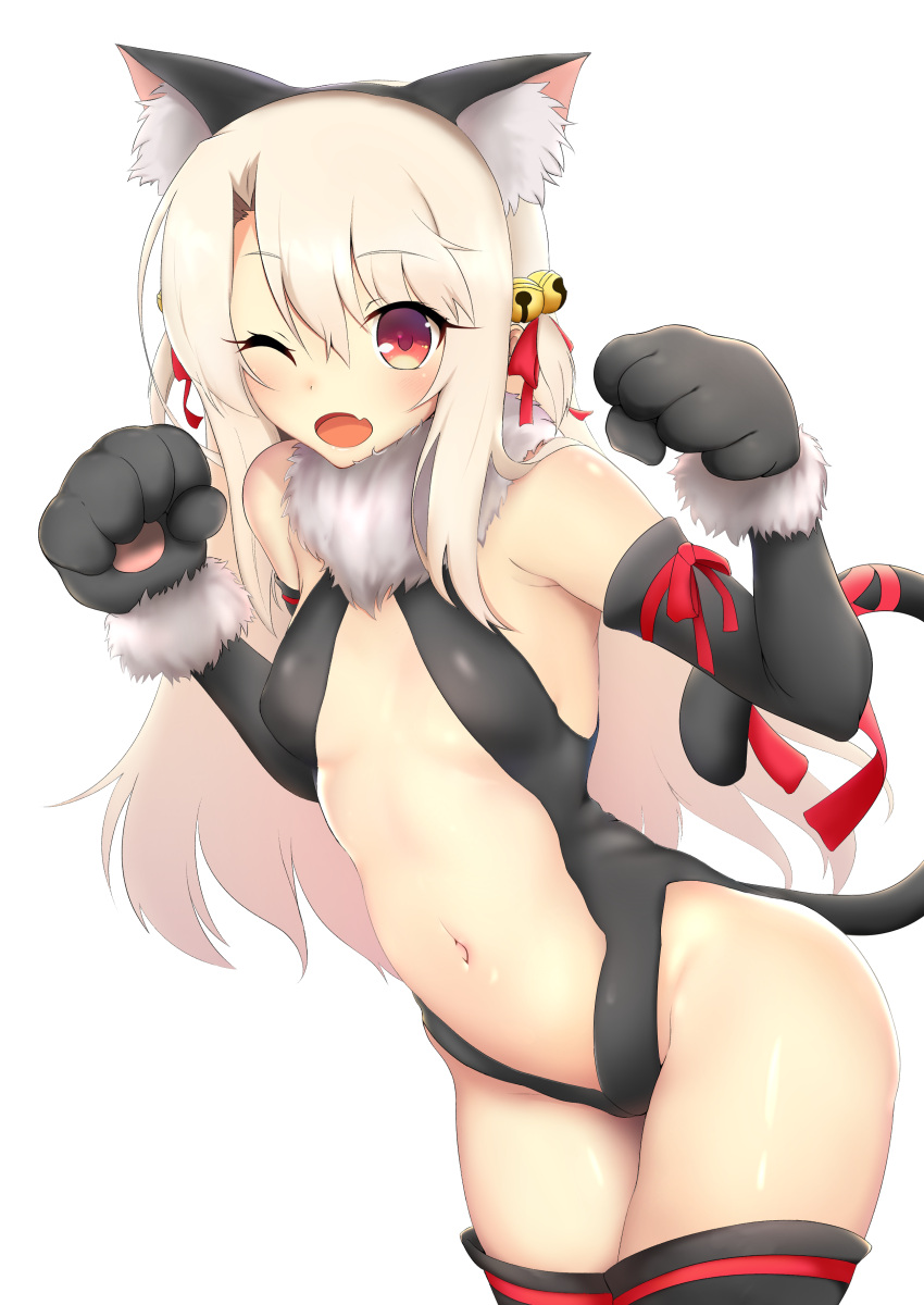 1girl absurdres animal_ears black_gloves black_legwear black_leotard breasts cat_ears cat_tail commentary_request coyomin elbow_gloves fate/kaleid_liner_prisma_illya fate_(series) full_body fur_trim gloves highleg highleg_leotard highres illyasviel_von_einzbern legs_together leotard long_hair looking_at_viewer navel open_mouth paw_gloves paws red_eyes red_ribbon ribbon shiny shiny_hair shiny_skin silver_hair simple_background small_breasts solo standing tail thigh-highs white_background