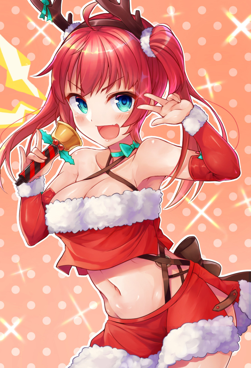 1girl ahoge azur_lane bare_shoulders bell blush bow breasts christmas cleavage collarbone eyebrows_visible_through_hair green_bow green_eyes hairband heart heart-shaped_pupils highres large_breasts long_hair looking_at_viewer navel open_mouth redhead san_diego_(azur_lane) smile solo symbol-shaped_pupils tenneko_yuuri twintails v