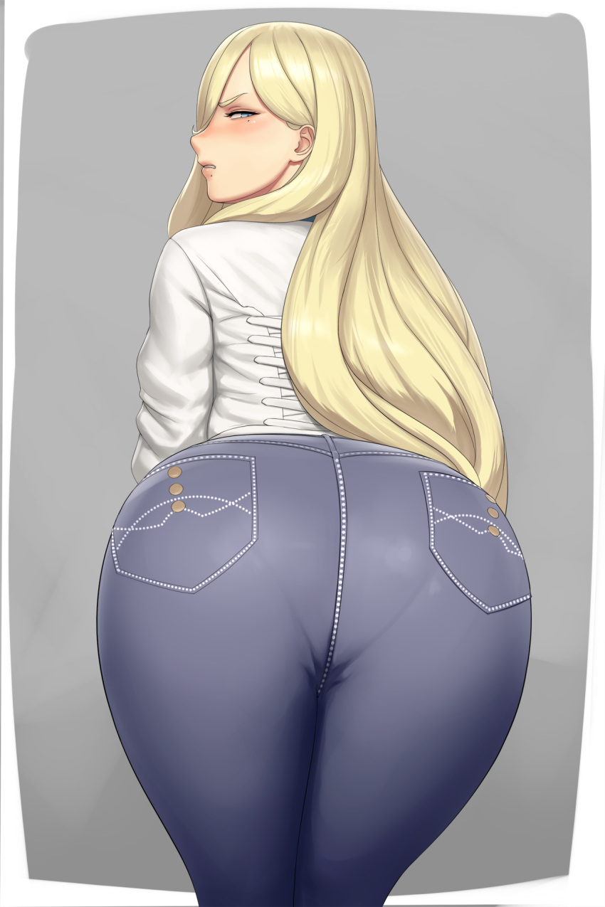 1girl ass blonde_hair blue_eyes blush denim highres jeans kantai_collection lips long_hair long_sleeves looking_at_viewer looking_back lvl_(sentrythe2310) mole mole_under_eye mole_under_mouth pants pantylines parted_lips richelieu_(kantai_collection) shirt simple_background solo white_shirt