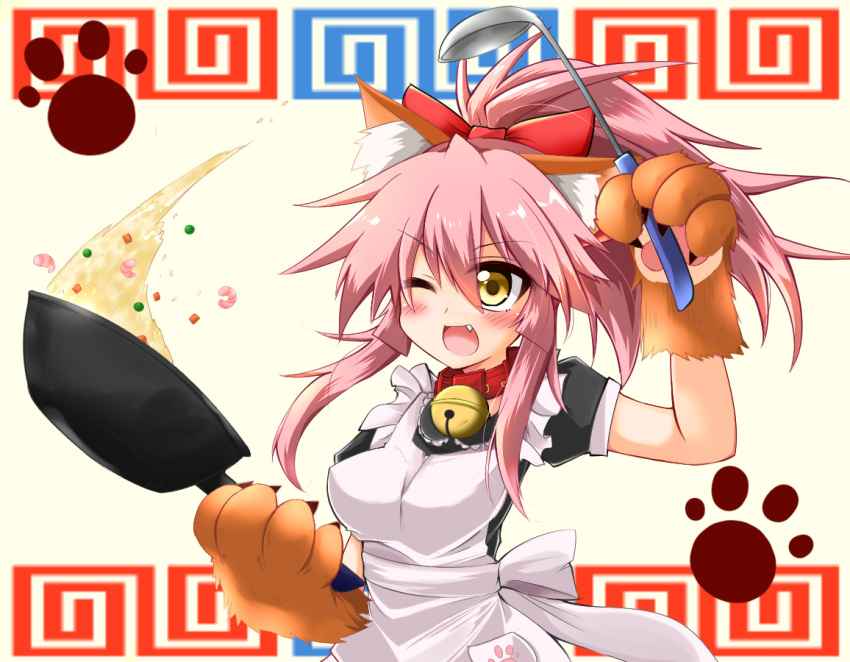 1girl alternate_costume animal_ears apron bell bell_collar blush breasts cat_hair_ornament cat_paws collar commentary_request cooking enmaided fang fangs fate/grand_order fate_(series) food fox_ears gloves graphite_(medium) hair_ornament hair_ribbon jingle_bell large_breasts long_hair maid maid_apron maid_headdress mechanical_pencil one_eye_closed open_mouth paw_gloves paws pencil pink_hair ponytail red_ribbon ribbon solo tamamo_(fate)_(all) tamamo_cat_(fate) traditional_media wok