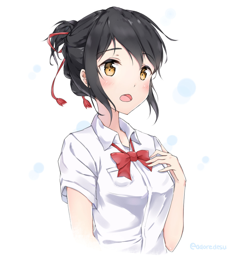 1girl adore_(adoredesu) black_hair blush bow bowtie brown_eyes collared_shirt hair_ribbon hand_on_own_chest highres kimi_no_na_wa miyamizu_mitsuha necktie open_collar open_mouth red_ribbon ribbon school_uniform shirt short_sleeves simple_background solo tied_hair twitter_username visible_ears white_background white_shirt