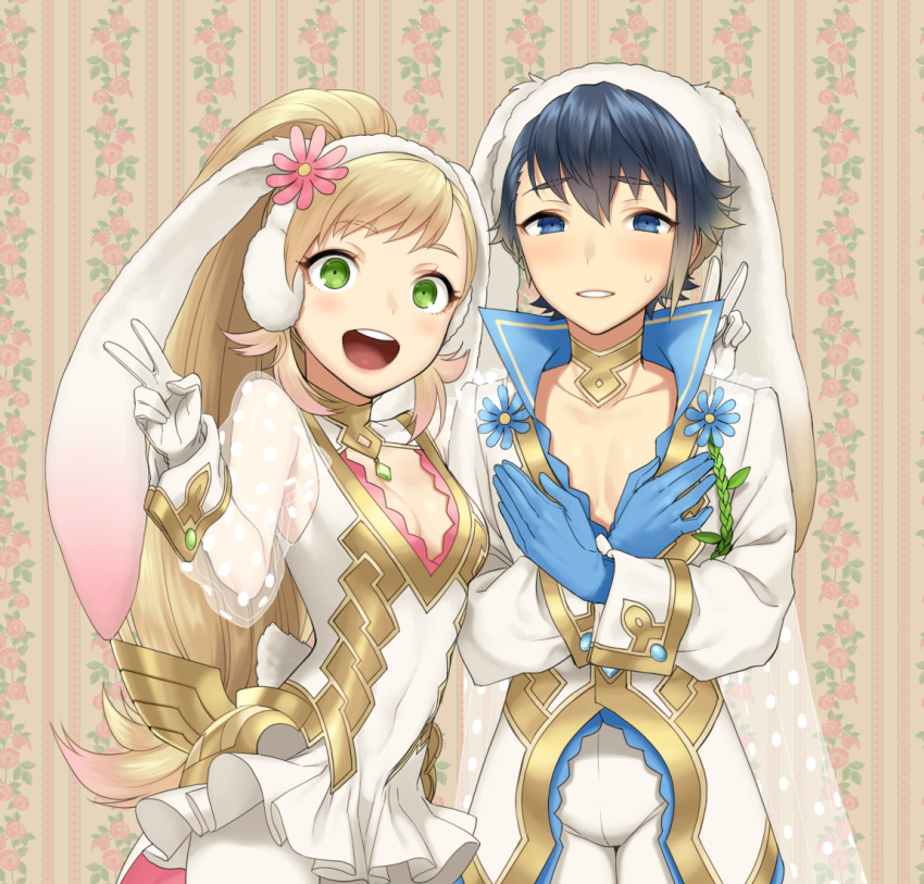 1boy 1girl alfonse_(fire_emblem) alternate_costume animal_ears blonde_hair blue_eyes blue_gloves blue_hair breasts brother_and_sister cleavage crossed_arms double_v earmuffs fake_animal_ears fire_emblem fire_emblem_heroes gloves green_eyes meimone multicolored_hair open_mouth rabbit_ears sharena short_hair siblings small_breasts smile sweatdrop two-tone_hair upper_body v white_gloves