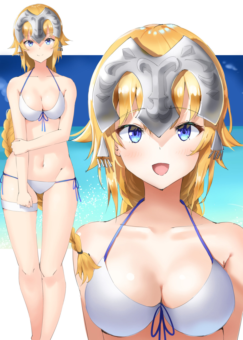 1girl bikini blonde_hair blue_eyes breasts cleavage fate/apocrypha fate/grand_order fate_(series) feet_out_of_frame front-tie_top full_body headpiece highres hiyoko_(pixiv16803940) jeanne_d'arc_(fate) jeanne_d'arc_(fate)_(all) long_braid long_hair looking_at_viewer lowleg lowleg_bikini medium_breasts multiple_views open_mouth side-tie_bikini smile standing swimsuit white_bikini zoom_layer