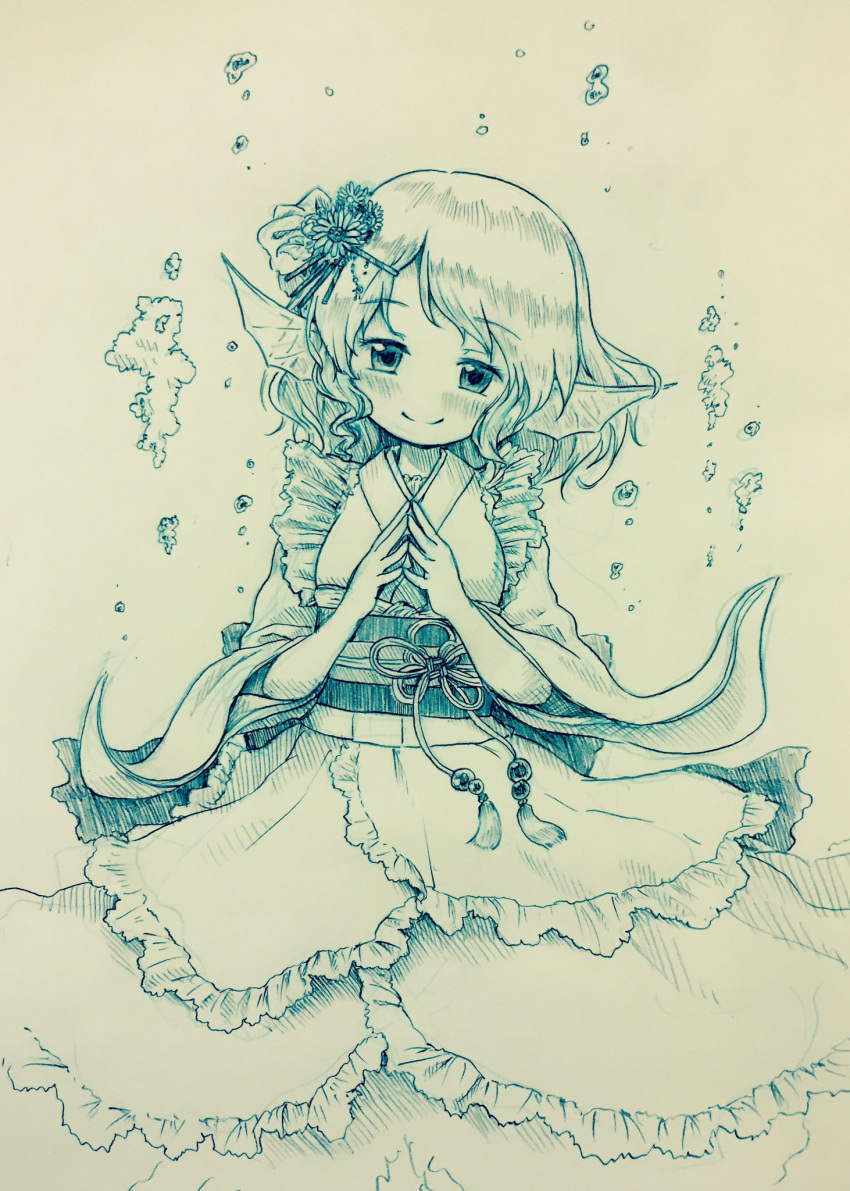 1girl air_bubble arinu blush bubble commentary flower frills hair_flower hair_ornament hairclip head_fins head_tilt highres japanese_clothes kimono long_sleeves obi sash short_hair smile solo steepled_fingers touhou traditional_media underwater wakasagihime wide_sleeves