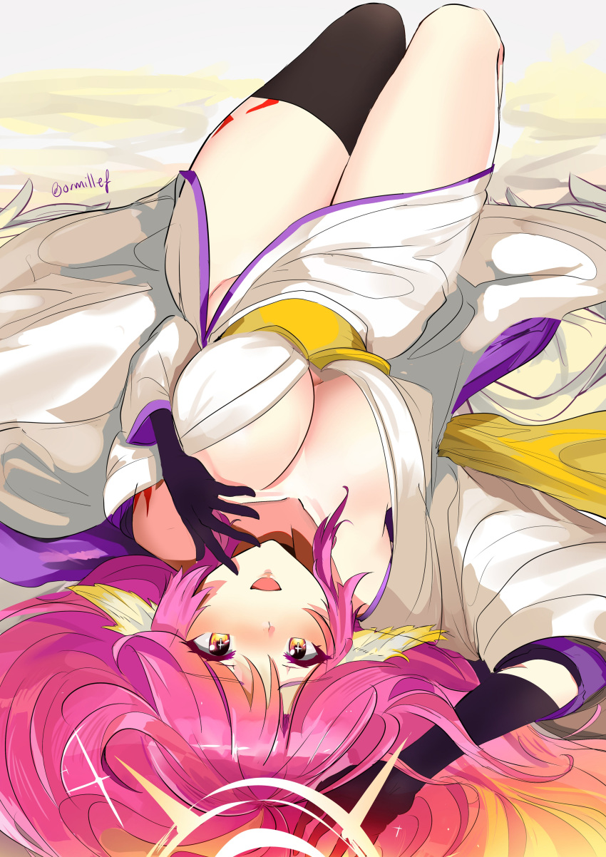 1girl :d absurdres angel_wings breasts cleavage commentary_request cross dotentity feathered_wings gloves gradient_hair halo highres japanese_clothes jibril_(no_game_no_life) kimono large_breasts long_hair looking_at_viewer low_wings lying magic_circle mismatched_legwear multicolored_hair no_game_no_life on_back open_mouth pink_hair smile solo symbol-shaped_pupils tattoo twitter_username white_wings wing_ears wings yellow_eyes