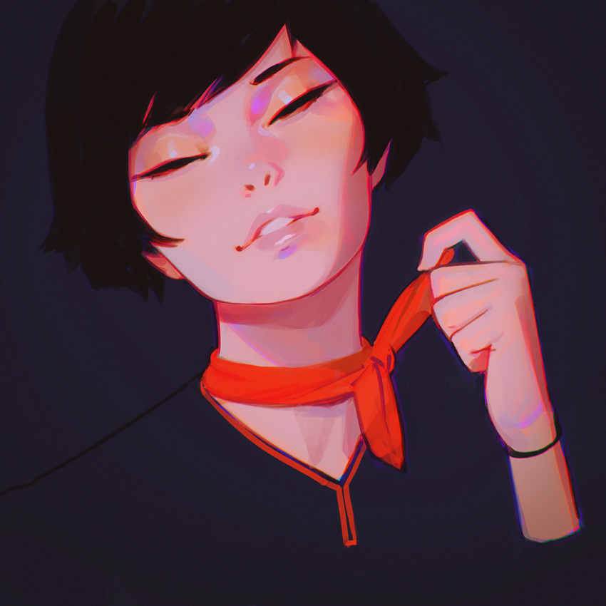 1girl black_hair close-up closed_eyes face head_tilt ilya_kuvshinov lips neck_ribbon original parted_lips ribbon short_hair simple_background solo