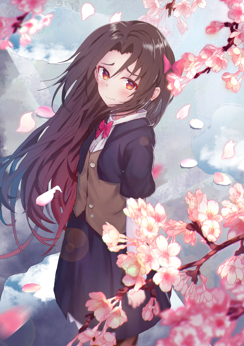 1girl absurdres black_skirt blush bow brown_hair cherry_blossoms chromatic_aberration crying hair_bow highres long_hair looking_at_viewer older outdoors puddle red_eyes ryuuou_no_oshigoto! school_uniform silkysak skirt standing tears vest wavy_mouth yashajin_ai