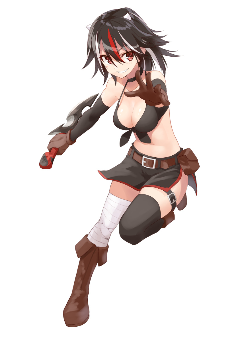 1girl absurdres alternate_costume bandage bandaged_leg bangs bare_shoulders belt black_bikini_top black_gloves black_legwear boots breasts brown_eyes brown_footwear brown_gloves choker cleavage elbow_gloves eyebrows_visible_through_hair front-tie_top full_body gloves hair_between_eyes highres holding holding_weapon horns kijin_seija looking_at_viewer medium_breasts multicolored_hair navel pouch short_hair shunichi side_slit single_thighhigh smile standing standing_on_one_leg streaked_hair thigh-highs touhou transparent_background weapon