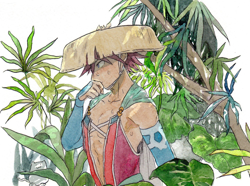 1boy blue_eyes brown_hair cape cat fuurai_no_shiren highres japanese_clothes male_focus sandogasa shiren_(fuurai_no_shiren) shirt sleeveless sleeveless_shirt solo sweat traditional_media upper_body wiping_face