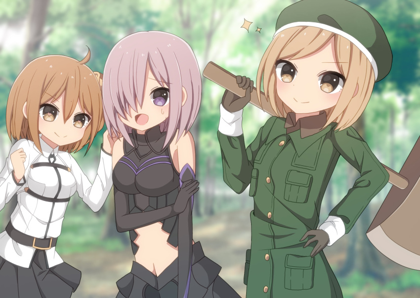 3girls :d armor armored_dress axe bare_shoulders battle_axe beret black_dress black_gloves black_skirt blurry blurry_background blush brown_eyes brown_gloves brown_hair brown_scrunchie chaldea_uniform closed_mouth day depth_of_field dress elbow_gloves fate/grand_order fate_(series) forest fujimaru_ritsuka_(female) gloves green_hat green_jacket hair_ornament hair_over_one_eye hair_scrunchie hand_on_hip hat heart heart-shaped_pupils highres holding holding_axe jacket light_brown_hair long_sleeves mash_kyrielight multiple_girls nature navel one_side_up open_mouth outdoors paul_bunyan_(fate/grand_order) pleated_skirt purple_hair sapphire_(sapphire25252) scrunchie skirt sleeveless sleeveless_dress smile sweat symbol-shaped_pupils uniform violet_eyes weapon white_jacket