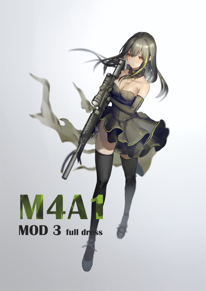 1girl absurdres ajirui alternate_costume assault_rifle bangs bare_shoulders black_eyes black_footwear black_hair black_legwear breasts brown_eyes character_name cleavage closed_mouth dress dress_shoes expressionless eyebrows_visible_through_hair floating_hair girls_frontline gloves grey_background gun hair_between_eyes highres holding holding_gun holding_weapon jewelry lace-trimmed_choker layered_dress long_hair looking_afar m4_carbine m4a1_(girls_frontline) medium_breasts multicolored_hair necklace remodel_(girls_frontline) rifle scope sidelocks simple_background solo strapless strapless_dress streaked_hair thigh-highs thighs weapon wind wind_lift