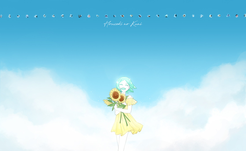 alternate_costume androgynous blue_sky closed_eyes clouds colored_eyelashes copyright_name dress flower green_hair happy highres houseki_no_kuni mydeerwitch phosphophyllite short_hair sky smile solo sparkle sunflower yellow_dress