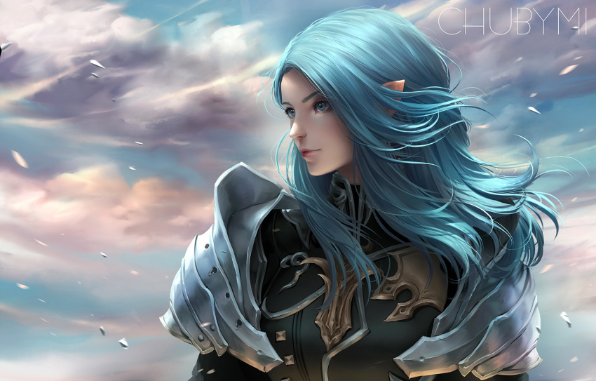 1girl armor artist_name blue_eyes blue_hair chuby_mi closed_mouth clouds day elezen elf final_fantasy final_fantasy_xiv highres lips long_hair looking_to_the_side pauldrons pointy_ears solo warrior_(final_fantasy) wind