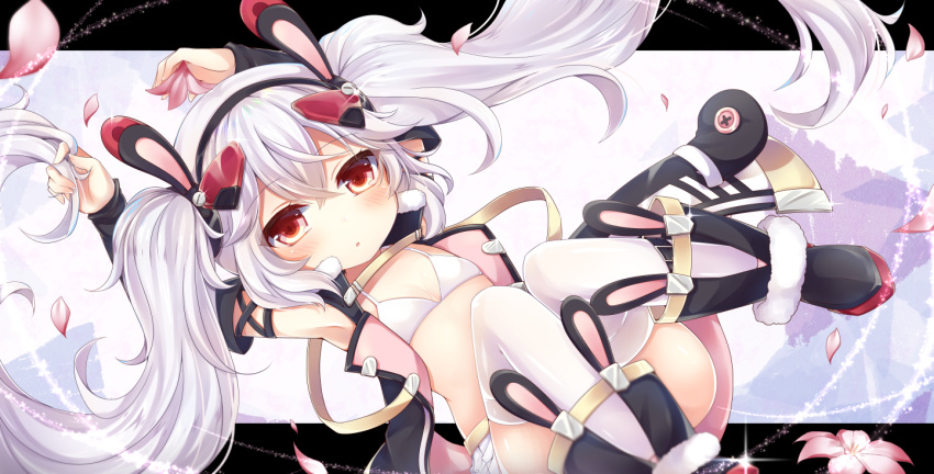 1girl :o animal_ears arms_up azur_lane bangs bare_shoulders bikini_top black_footwear black_hairband black_jacket blush commentary_request detached_sleeves eyebrows_visible_through_hair floating_hair flower fur-trimmed_boots fur_trim hair_between_eyes hair_ornament hairband holding holding_hair jacket laffey_(azur_lane) long_hair long_sleeves looking_at_viewer open_clothes open_jacket parted_lips petals pink_flower pleated_skirt rabbit_ears red_eyes silver_hair skirt sleeveless_jacket solo thigh-highs thighhighs_under_boots twintails very_long_hair white_bikini_top white_legwear white_skirt yukiyuki_441