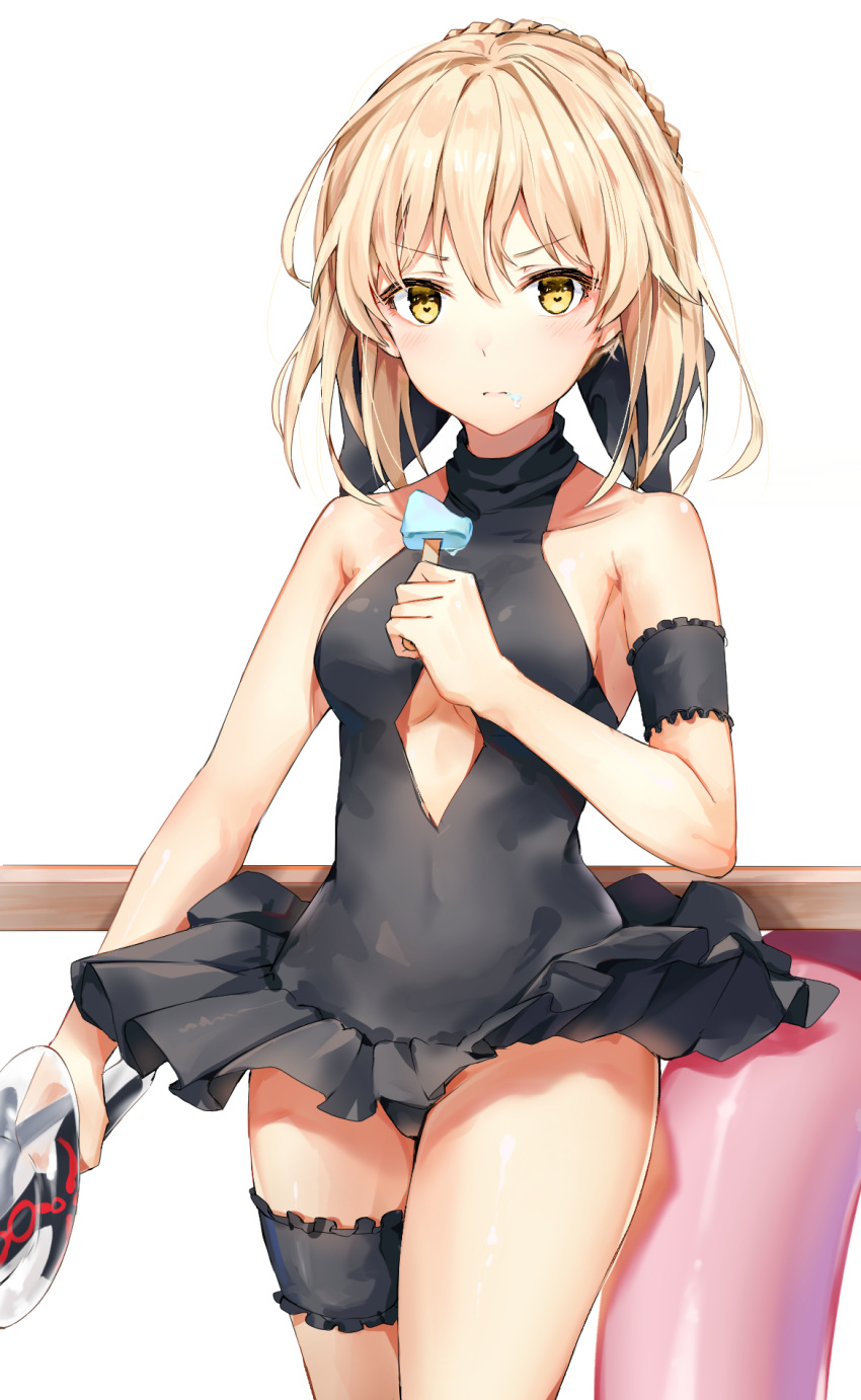 1girl artoria_pendragon_(all) artoria_pendragon_(swimsuit_rider_alter) bangs bare_arms bare_shoulders black_cola blonde_hair braid breasts closed_mouth fate/grand_order fate_(series) food hair_between_eyes hair_ribbon highres holding ice_cream looking_at_viewer ribbon saber_alter sidelocks swimsuit thigh_strap yellow_eyes