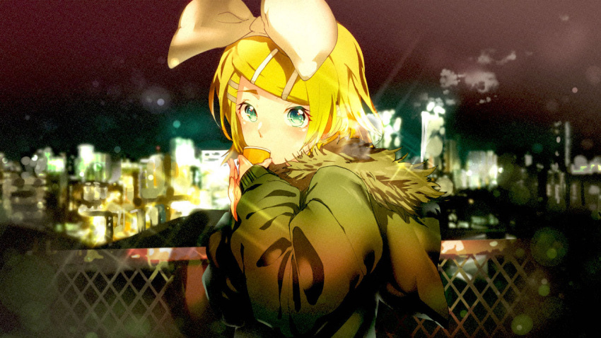1girl aqua_eyes blonde_hair blurry blurry_background blush bow building city_lights cityscape cup depth_of_field drinking fence fur-trimmed_jacket fur_trim hair_bow hair_ornament hairclip holding holding_cup hood hooded_jacket jacket kagamine_rin lens_flare light_particles looking_at_viewer paper_cup sawashi_(ur-sawasi) short_hair solo sparkling_eyes vocaloid
