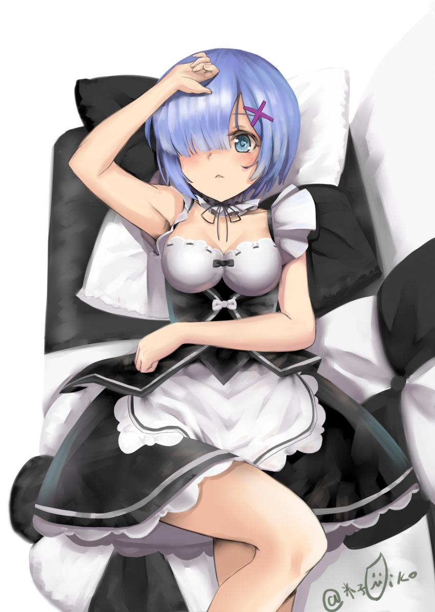 1girl absurdres apron arm_up artist_name bangs black_dress blue_eyes blue_hair breasts choker cleavage dress eyebrows_visible_through_hair frilled_choker frills from_above hair_ornament hair_over_one_eye highres looking_at_viewer lying maid medium_breasts medium_dress on_back parted_lips purple_ribbon re:zero_kara_hajimeru_isekai_seikatsu rem_(re:zero) ribbon short_hair sleeveless sleeveless_dress solo waist_apron white_apron x_hair_ornament yonago_miko