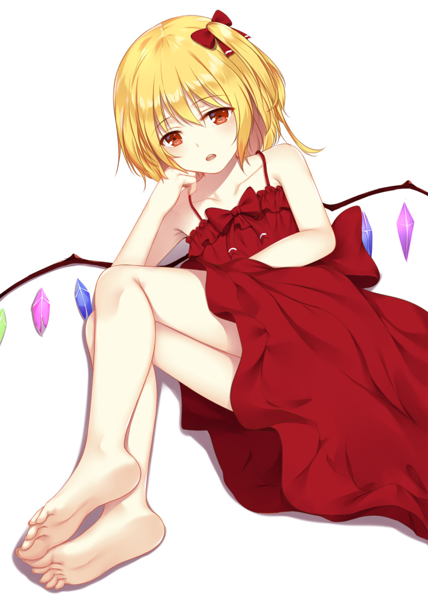 1girl arm_support bangs bare_arms bare_legs bare_shoulders barefoot blonde_hair bow collarbone commentary_request dress eyebrows_visible_through_hair flan_(seeyouflan) flandre_scarlet full_body hair_bow head_rest highres looking_at_viewer lying on_side one_side_up red_bow red_dress red_eyes shiny shiny_hair simple_background soles solo toenails touhou white_background wings