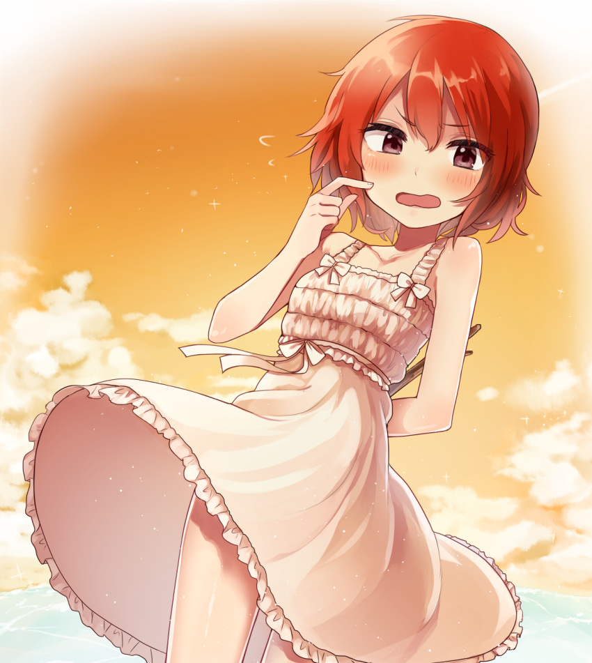 1girl arm_behind_back bare_shoulders blush bow brown_eyes clouds commentary_request cowboy_shot dress finger_to_cheek frilled_dress frills highres idolmaster idolmaster_cinderella_girls manio murakami_tomoe open_mouth redhead ribbon short_hair sky solo sundress wavy_mouth white_dress white_ribbon