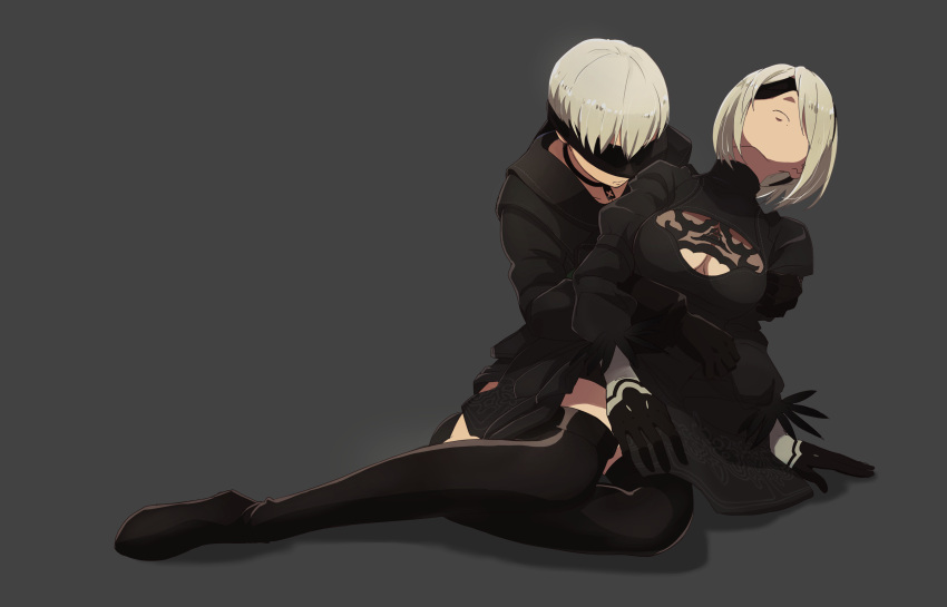 1boy 1girl absurdres android black_dress black_gloves black_jacket black_legwear blindfold breasts choker cleavage cleavage_cutout commentary_request dress gloves grey_background hair_over_one_eye hands_on_another's_stomach head_back highres holding jacket long_sleeves medium_breasts mole mole_under_mouth nier_(series) nier_automata patterned_clothing puffy_sleeves short_hair simple_background sitting thigh-highs u-ka_(pixiv5407) white_hair yorha_no._2_type_b yorha_no._9_type_s