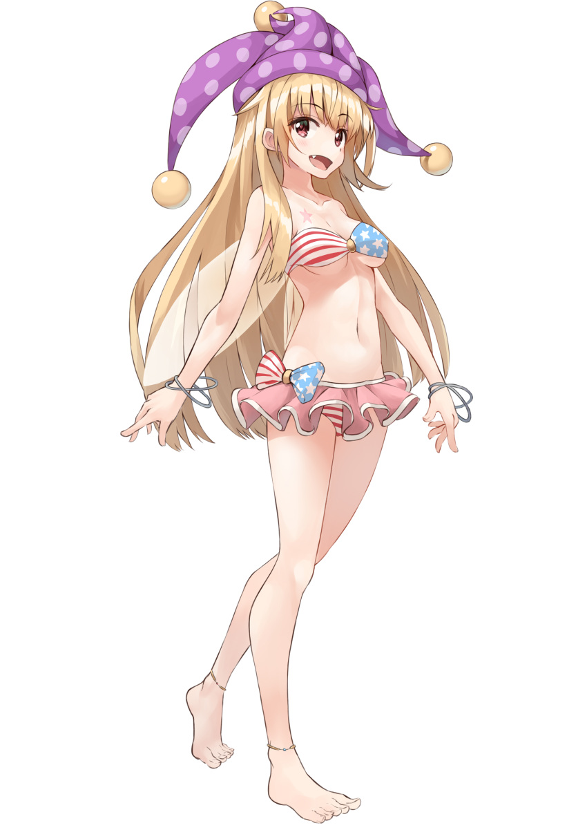 1girl absurdres american_flag_bikini bandeau bangle bangs bare_arms bare_legs bare_shoulders barefoot bikini bikini_skirt blonde_hair bow bracelet breasts clownpiece collarbone eyebrows_visible_through_hair fairy_wings fang flag_print full_body hat highres jester_cap jewelry long_hair looking_at_viewer medium_breasts navel open_mouth polka_dot purple_hat red_eyes shunichi simple_background smile solo sparkle standing star star_print star_tattoo striped striped_bow swimsuit tattoo touhou under_boob white_background wings