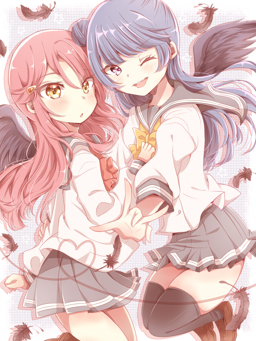 2girls :o ;d bangs black_feathers black_legwear black_wings blue_hair bow bowtie brown_footwear commentary_request feathered_wings gesture hair_ornament hairclip hand_on_another's_chest heart highres koron_(nekomeron) loafers long_sleeves looking_at_viewer love_live! love_live!_sunshine!! miniskirt multiple_girls one_eye_closed open_mouth pleated_skirt red_neckwear redhead sakurauchi_riko school_uniform serafuku shoes side_bun skirt smile thigh-highs tsushima_yoshiko violet_eyes wings yellow_eyes yellow_neckwear