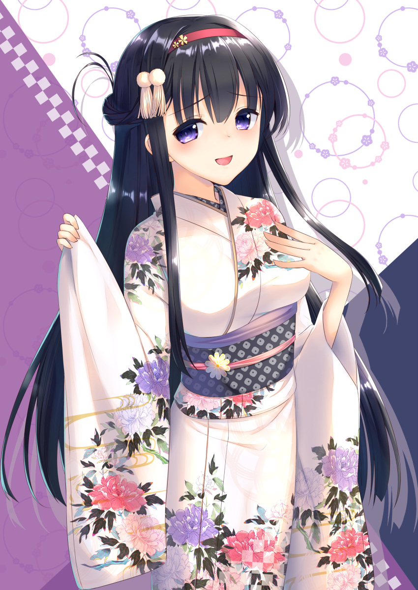 1girl :d absurdres bangs black_hair blush breasts commentary_request eyebrows_visible_through_hair fingernails floral_print hair_between_eyes hair_ornament hairband hand_on_own_chest hands_up highres japanese_clothes kimono long_hair long_sleeves looking_at_viewer medium_breasts nijouin_hazuki obi open_mouth pinching_sleeves print_kimono red_hairband riddle_joker sash smile solo very_long_hair violet_eyes wakuta_chisaki white_kimono wide_sleeves
