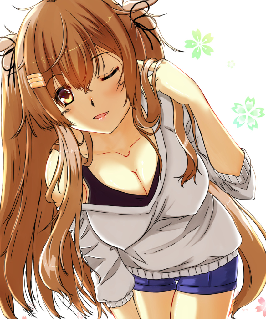 1girl ahoge alternate_costume bangs bare_shoulders black_bra blue_shorts blush bra breasts brown_eyes cleavage cleavage_cutout collarbone erect_nipples eyebrows_visible_through_hair hair_between_eyes hair_flaps hair_ornament hair_ribbon hairclip hand_in_hair highres kantai_collection large_breasts leaning_forward light_brown_hair long_hair looking_at_viewer murasame_(kantai_collection) off_shoulder one_eye_closed open_mouth remodel_(kantai_collection) ribbon shigatsu_(soratobuusagi) shorts sidelocks smile solo sweater thighs twintails underwear
