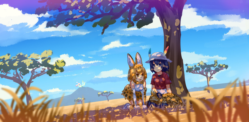 2girls absurdres all_fours animal_ears black_eyes black_gloves black_hair blush bow bowtie closed_mouth clouds elbow_gloves gloves highres kaban_(kemono_friends) kemono_friends looking_at_another multicolored multicolored_clothes multicolored_gloves multiple_girls open_mouth orange_gloves orange_hair orange_neckwear outdoors seiza serval serval_(kemono_friends) serval_ears short_hair sitting sketch smile wasabichan white_gloves
