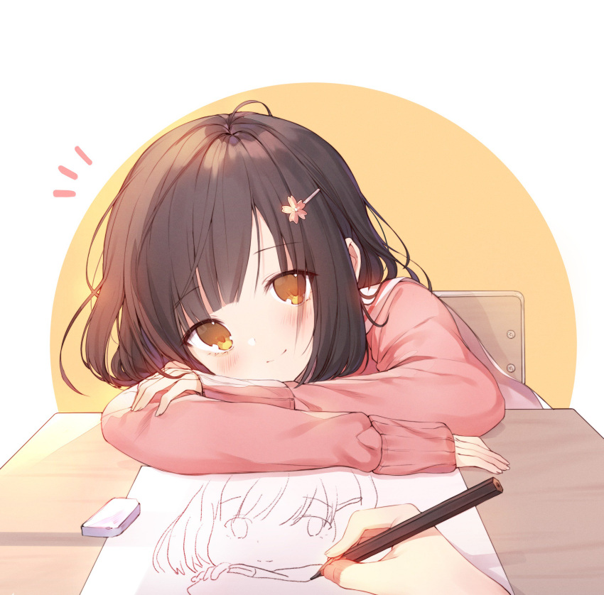 1girl absurdres ahoge black_hair blush brown_eyes chair closed_mouth desk ekh eraser eyebrows_visible_through_hair flower hair_flower hair_ornament hairclip highres long_sleeves looking_at_viewer original pencil sitting smile solo