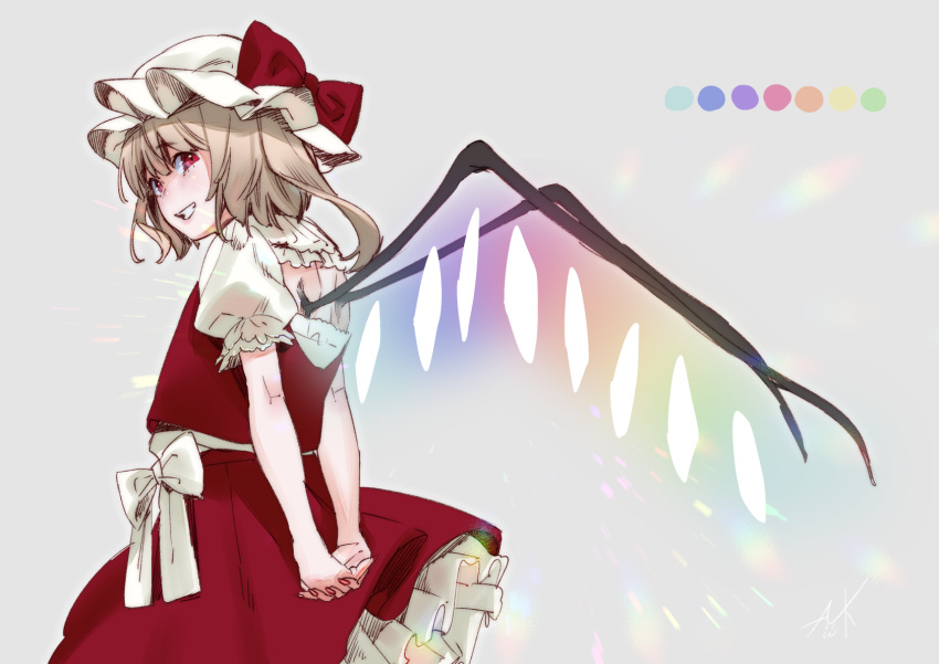 1girl arms_behind_back blonde_hair bow cowboy_shot eyebrows_visible_through_hair flandre_scarlet frilled_shirt_collar frills from_behind grey_background grin hat hat_bow highres kamiyama_aya looking_at_viewer looking_back mob_cap petticoat puffy_short_sleeves puffy_sleeves red_bow red_eyes red_skirt red_vest short_hair short_sleeves side_ponytail signature simple_background skirt smile solo standing touhou vest white_bow wings