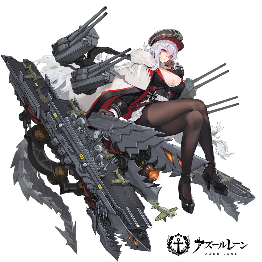 1girl aircraft airplane azur_lane bangs black_footwear black_gloves black_hat black_legwear bra bra_peek breasts cleavage coat copyright_name crossed_bangs erect_nipples eyebrows eyelashes flight_deck full_body gloves graf_zeppelin_(azur_lane) hair_between_eyes hat high_heels highres iron_cross kishiyo large_breasts legs_crossed long_hair looking_at_viewer military military_hat military_uniform miniskirt pantyhose parted_lips pink_eyes pleated_skirt revision ship silver_hair simple_background sitting skirt solo tachi-e turret underwear uniform very_long_hair violet_eyes watercraft white_background white_bra white_skirt