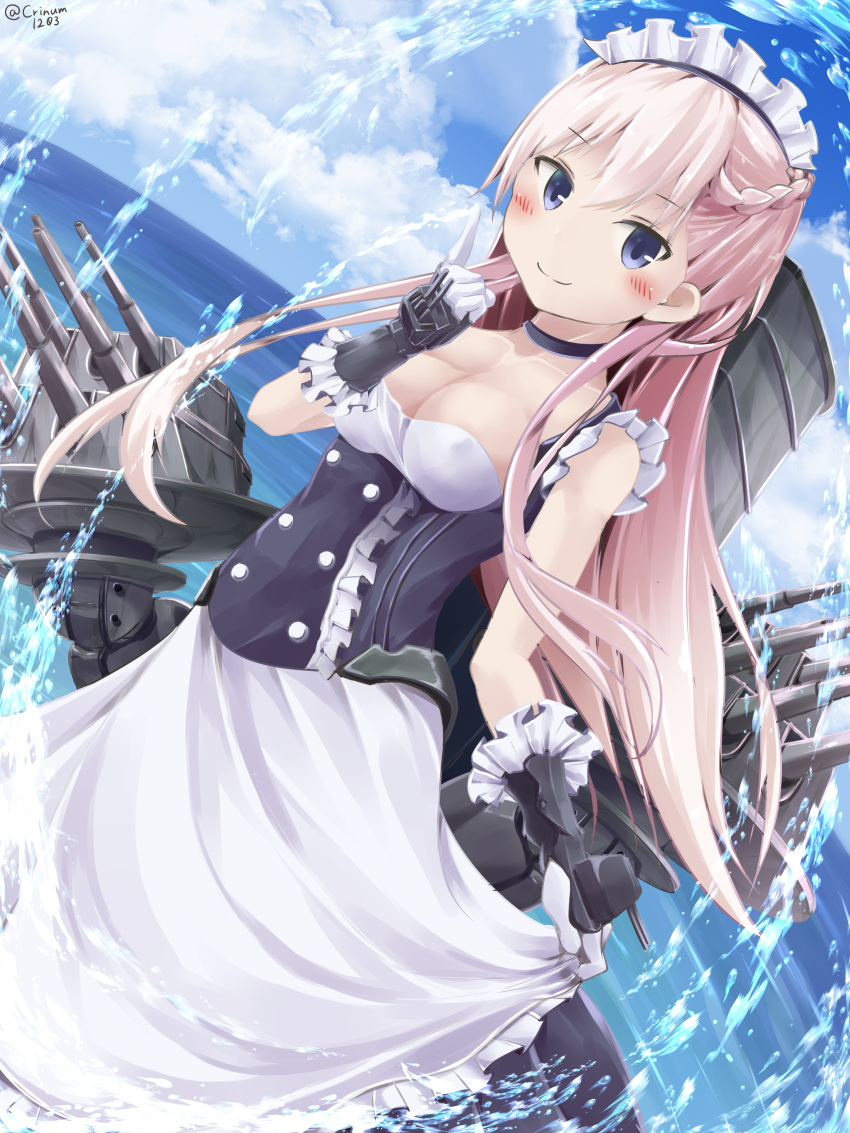 1girl absurdres apron azur_lane bangs belfast_(azur_lane) black_dress blue_eyes blue_sky blush braid breasts cannon cleavage closed_mouth clouds cloudy_sky commentary_request dated day dress dutch_angle eyebrows_visible_through_hair frilled_apron frills gloves hair_between_eyes hamayuu_(litore) highres horizon index_finger_raised long_hair machinery maid maid_headdress medium_breasts ocean outdoors pink_hair sky smile solo turret twitter_username very_long_hair water white_apron white_gloves