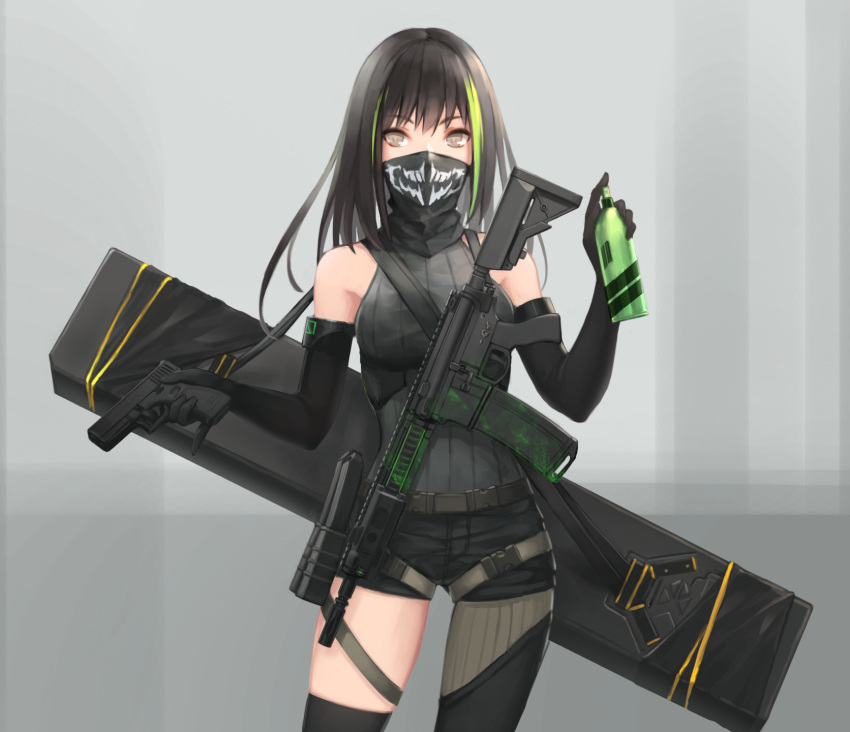 1girl armband assault_rifle bangs bare_shoulders black_gloves black_hair black_legwear black_shorts breasts brown_eyes can elbow_gloves eyebrows_visible_through_hair girls_frontline gloves gun handgun headphones highres holding holding_can holding_gun holding_weapon long_hair looking_at_viewer m4_carbine m4a1_(girls_frontline) magazine_(weapon) multicolored_hair npt_(akzkfhsk0503) paint_splatter remodel_(girls_frontline) ribbed_legwear ribbed_sweater rifle scarf scope short_shorts shorts sidelocks sleeveless solo spray_can streaked_hair sweater thigh-highs thigh_strap weapon weapon_bag