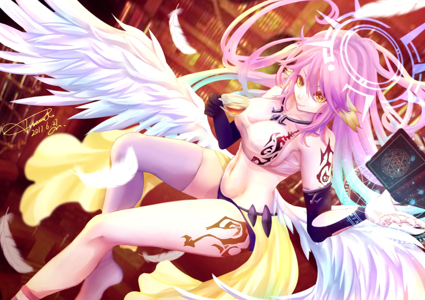 1girl angel_wings book breasts crop_top cross cup feathered_wings feathers gloves gradient_hair halo jibril_(no_game_no_life) large_breasts long_hair low_wings magic magic_circle midriff mismatched_legwear multicolored_hair navel no_game_no_life pink_hair sideboob smile solo symbol-shaped_pupils tattoo tea teacup very_long_hair vv_sama white_wings wing_ears wings yellow_eyes