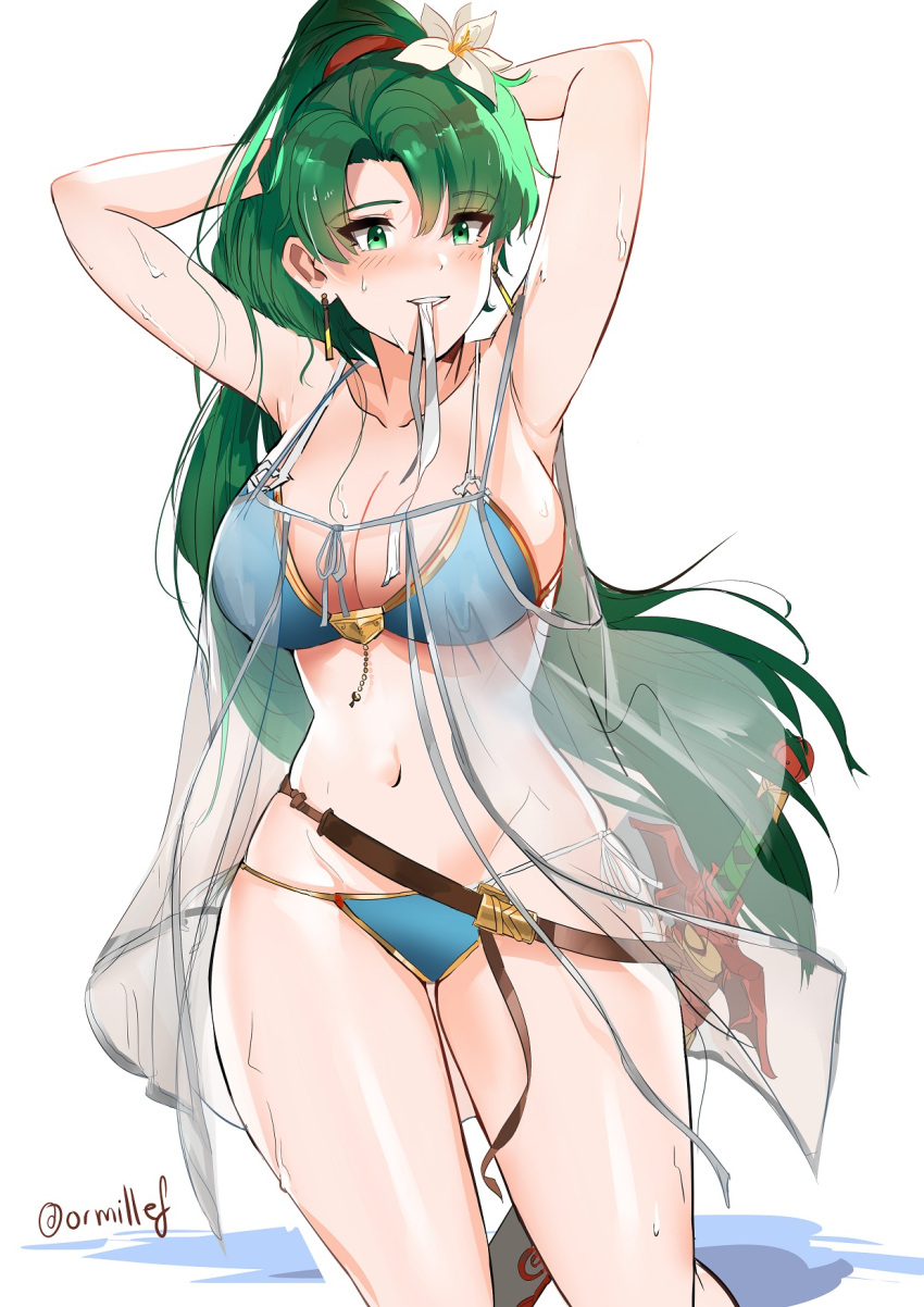 1girl :d adapted_costume armpits arms_behind_head bikini blue_bikini blush breasts cleavage collarbone cosplay cowboy_shot crossed_arms cygames dotentity earrings fire_emblem fire_emblem:_rekka_no_ken flower granblue_fantasy green_eyes green_hair grin hair_flower hair_ornament high_ponytail highres intelligent_systems jeanne_d'arc_(granblue_fantasy) jeanne_d'arc_(granblue_fantasy)_(cosplay) jewelry large_breasts long_hair looking_at_viewer lyndis_(fire_emblem) mouth_hold navel nintendo open_mouth ribbon see-through sheath sheathed shiny shiny_hair simple_background skin_tight smile solo standing stomach string_bikini swimsuit sword teeth thighs tsurime twitter_username very_long_hair water water_drop weapon wet wet_hair white_background white_ribbon