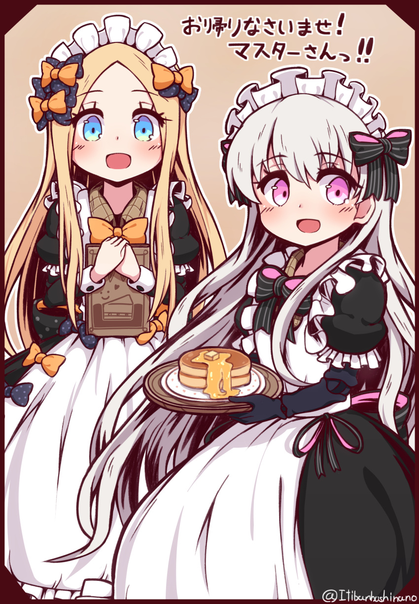 2girls :d abigail_williams_(fate/grand_order) absurdres alternate_costume apron bangs black_bow black_gloves blonde_hair blue_eyes blush bow butter commentary_request doll_joints elbow_gloves enmaided eyebrows_visible_through_hair fate/extra fate/grand_order fate_(series) food forehead gloves hair_between_eyes hair_bow highres holding holding_tray long_hair long_sleeves looking_at_viewer maid maid_apron maid_headdress menu multiple_girls nursery_rhyme_(fate/extra) open_mouth orange_bow own_hands_together pancake parted_bangs pink_hair plate polka_dot polka_dot_bow puffy_short_sleeves puffy_sleeves short_over_long_sleeves short_sleeves silver_hair smile stack_of_pancakes striped striped_bow syrup translation_request tray twitter_username very_long_hair white_apron yuya090602