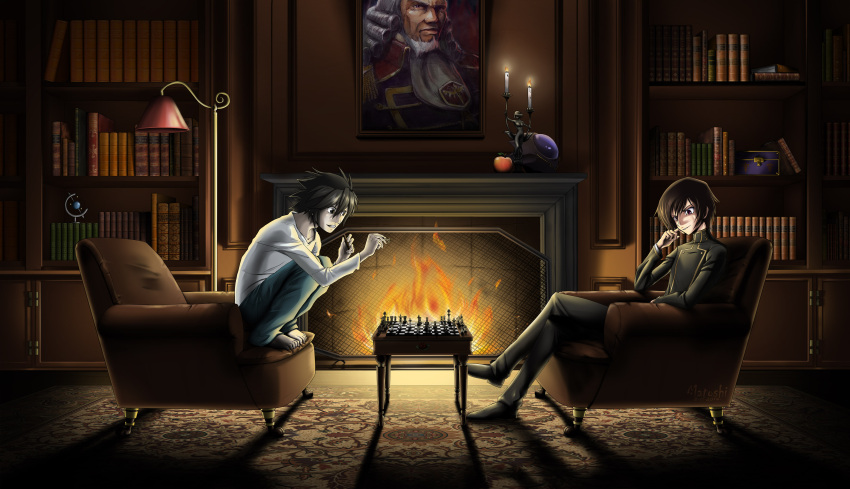 2boys absurdres apple armchair black_eyes black_hair blue_pants board_game book bookshelf carpet chair charles_zi_britannia chess code_geass commentary crossover death_note fire fireplace food fruit g-matoshi helmet highres l_(death_note) lelouch_lamperouge mask multiple_boys pants portrait_(object) shirt short_hair sitting table violet_eyes white_shirt