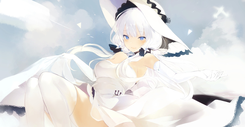 1girl anchor azur_lane bangs bare_shoulders blue_eyes commentary_request detached_collar dress elbow_gloves eyebrows_visible_through_hair floating_hair gloves hair_ornament hat highres illustrious_(azur_lane) korean_commentary lace lace-trimmed_dress lace-trimmed_hat long_dress long_hair looking_at_viewer low_twintails lpip open_mouth smile solo strapless strapless_dress sun_hat thigh-highs tri_tails twintails white_dress white_gloves white_hair white_hat white_legwear