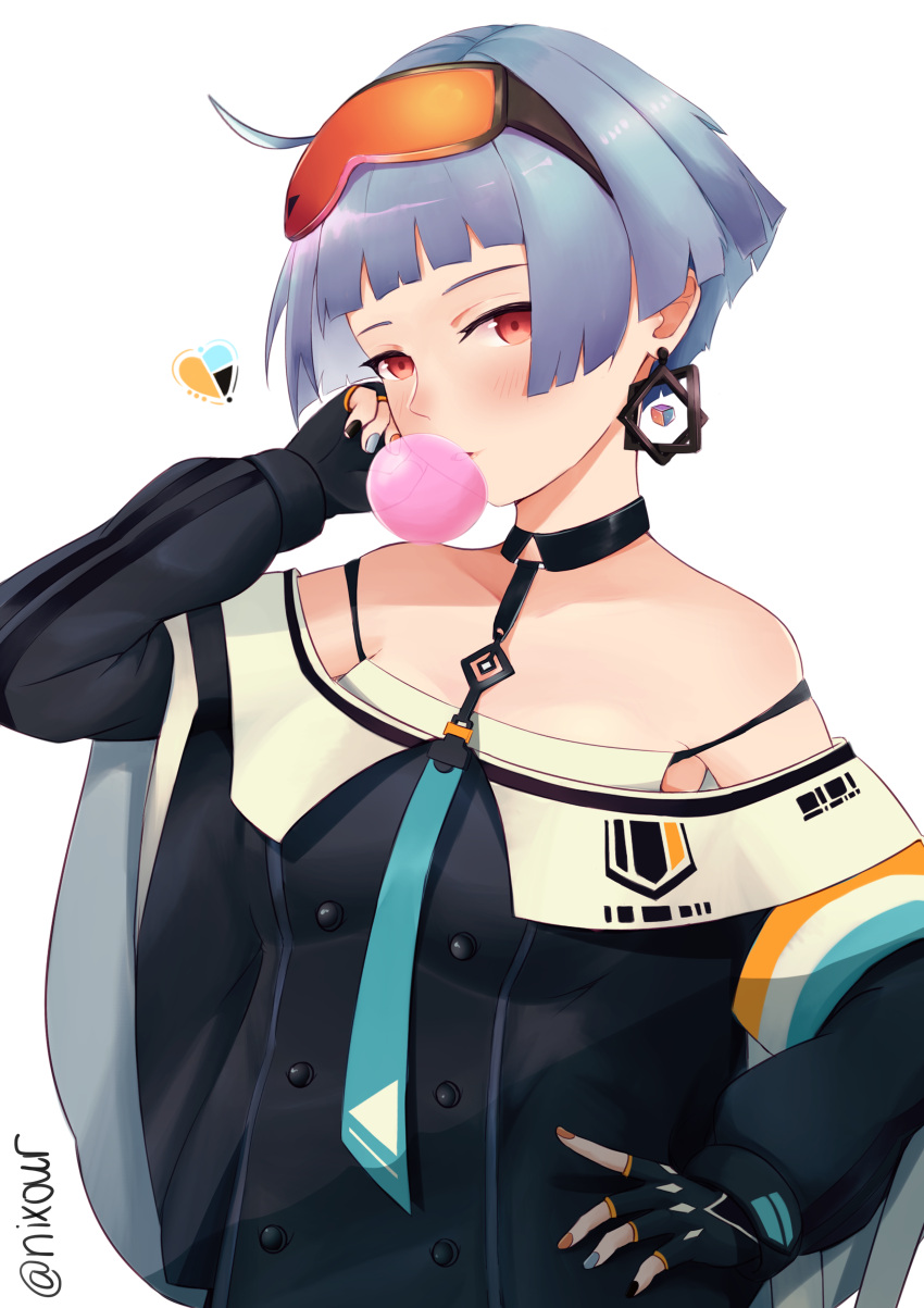 1girl absurdres ahoge bangs blue_hair blunt_bangs blush bubble_blowing chewing_gum choker double-breasted earrings eyewear_on_head fingerless_gloves girls_frontline gloves goggles goggles_on_head hand_on_hip hand_to_own_head heart highres jewelry long_sleeves looking_at_viewer nail_polish necktie nixour off_shoulder orange_eyes orange_goggles parted_lips short_hair simple_background single_earring skindentation twitter_username white_background wide_sleeves zas_m21_(girls_frontline)