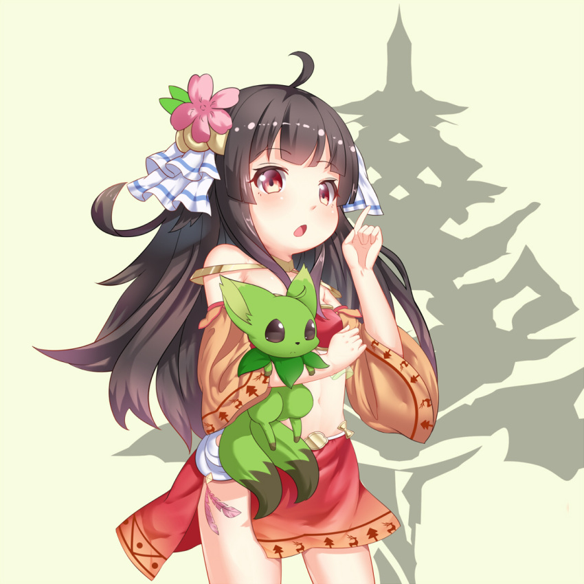 1girl ahoge bandeau bangs bare_shoulders blush breasts brown_hair chihong_de_tianshi commentary_request cowboy_shot creature eyebrows_visible_through_hair flower green_background hair_flower hair_ornament hair_ribbon highres index_finger_raised long_hair long_sleeves looking_at_viewer multiple_tails navel open_mouth original pink_flower red_bandeau red_eyes red_skirt ribbon skirt small_breasts solo tail two_tails very_long_hair white_ribbon wide_sleeves