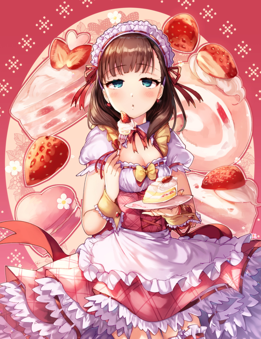 1girl absurdres apron blue_eyes breasts brown_hair cake cleavage corset cowboy_shot earrings expressionless food fork frilled_apron frills fruit heart heart_earrings highres holding holding_plate idolmaster idolmaster_cinderella_girls idolmaster_cinderella_girls_starlight_stage jewelry jitome lgw7 looking_at_viewer macaron maid_headdress medium_breasts pink_background pink_skirt plate puffy_sleeves sakuma_mayu short_hair skirt solo strawberry strawberry_shortcake swiss_roll white_apron wrist_cuffs